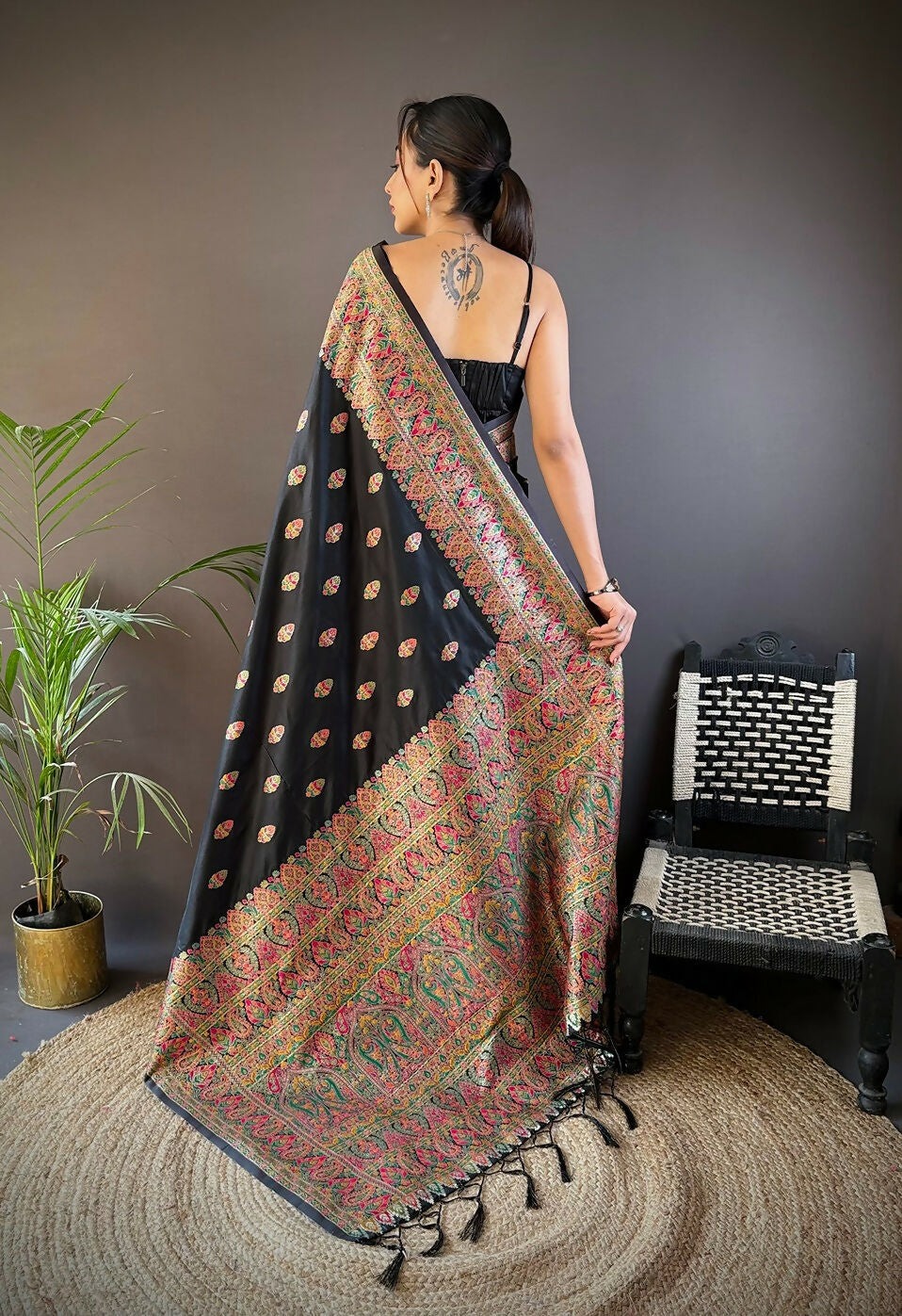 Joban Fashion Black Meena Weaves Pashmina Sarees | Grocsy