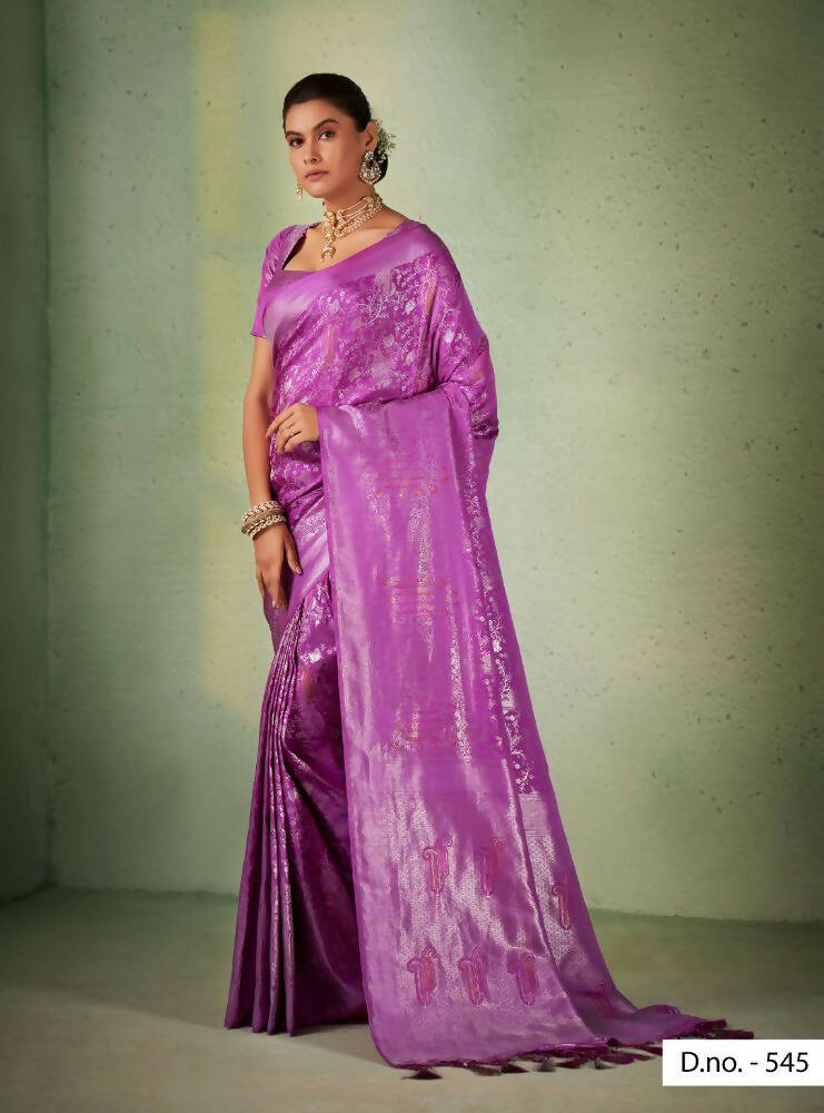 Graceful Designer Violet Color Kanjivaram Silk Saree With Weaving Work - Yomika Fashions | Grocsy