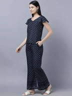 Myshka Women Navy Blue Ethnic Motifs Printed Pure Cotton Top with Palazzos | Grocsy