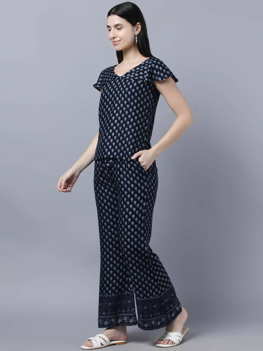 Myshka Women Navy Blue Ethnic Motifs Printed Pure Cotton Top with Palazzos | Grocsy