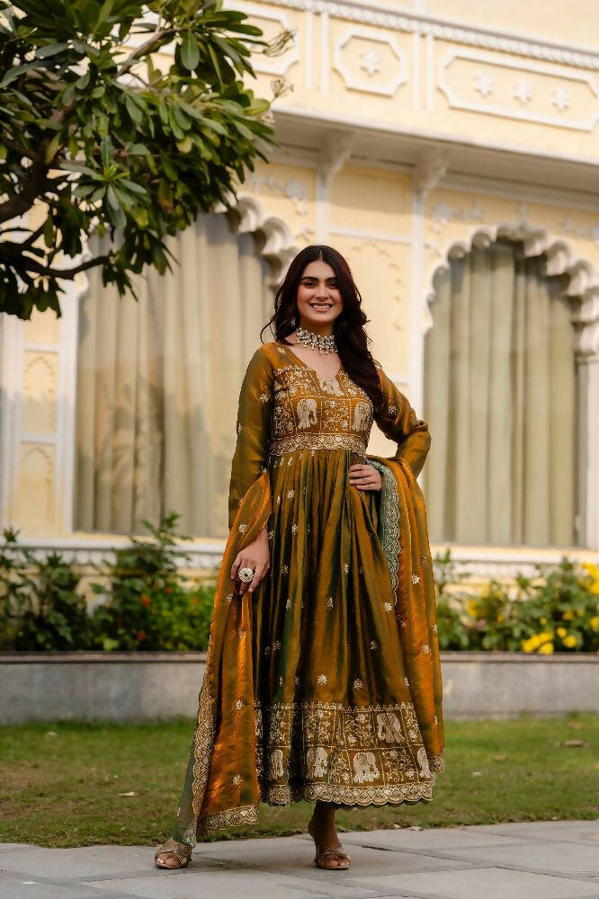 Teeya Creation Mehendi Primium Fendy Satin Silk Embroidery Work Wedding Wear Gown | Grocsy