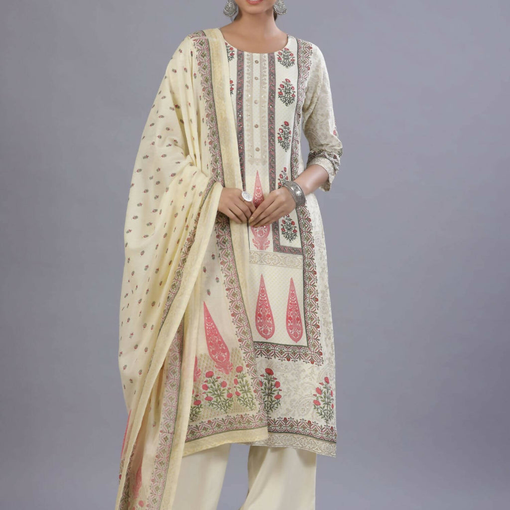 Juniper Women Yellow Rayon Printed Kurta, Pants and Dupatta Set | Grocsy
