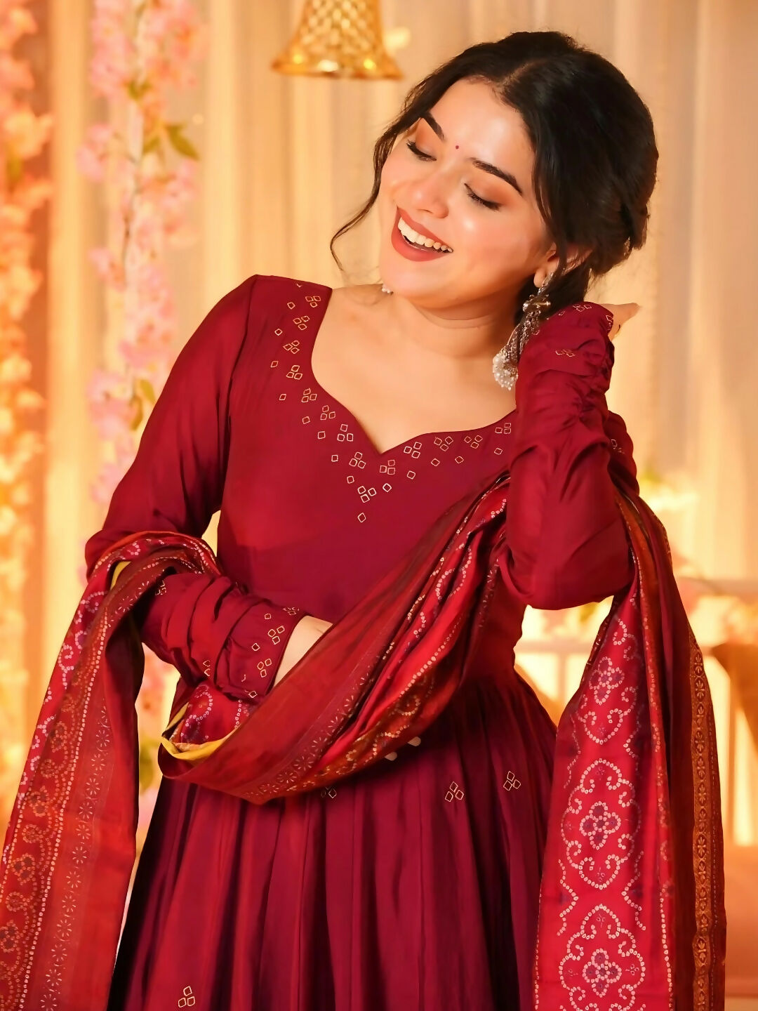 The52 Women's Beautiful Printed Work Viscose Fabric Flared Anarkali Palazzo and Dupatta Set-Maroon | Grocsy