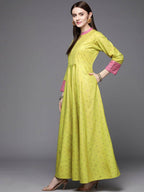 Ahalyaa Women Lime Yellow & Pink Printed Pleated A-Line Maxi Ethnic Dress | Grocsy