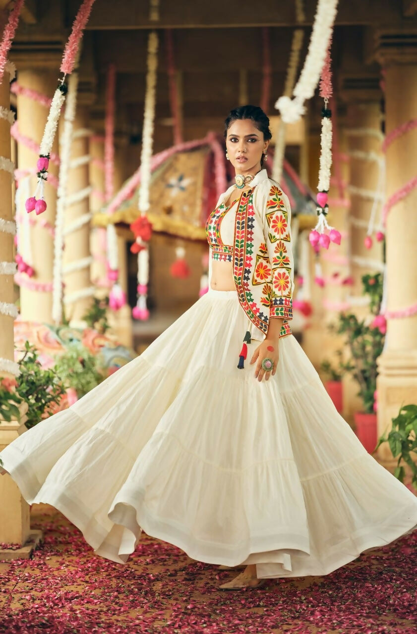 Teeya Creation Off White Colour Pure Cotton Embroidery Work Fully Stitched Navratry Lahenga | Grocsy