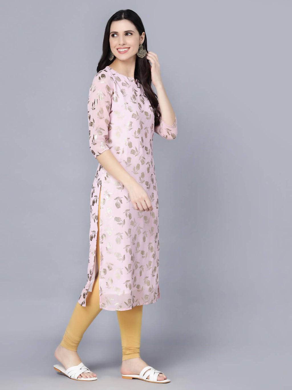 Myshka Women Pink Floral Printed Gotta Patti Georgette Kurta | Grocsy