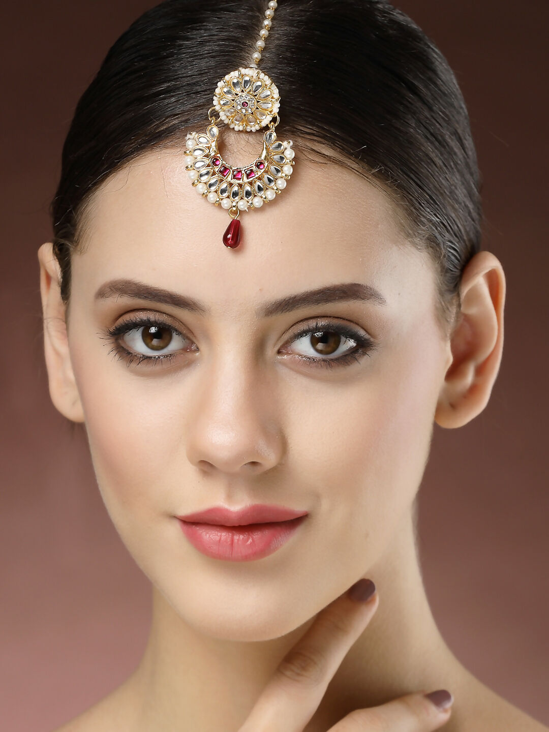 NVR Women's Gold-Polished CZ Stone-Studded Maang Tikka | Grocsy