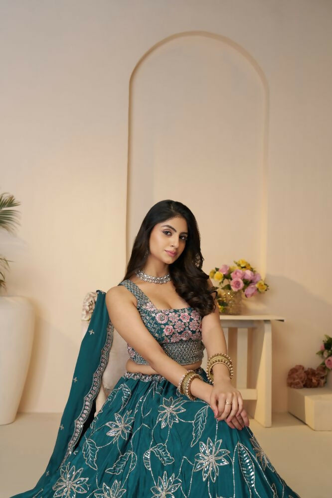 Kesar Fab Blue Silk Embroidered Lehenga | Grocsy