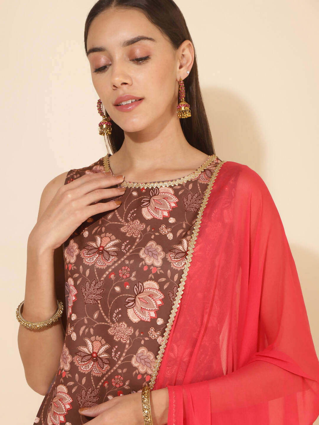 Janasya Women's Brown Crepe Digital Floral Printed Festive Straight Kurta Set | Grocsy