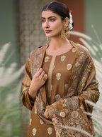 Jyoti Fashion Women's Brown Pure Silk Elegant Jacquard Woven Kurta with Trouser & Dupatta | Grocsy