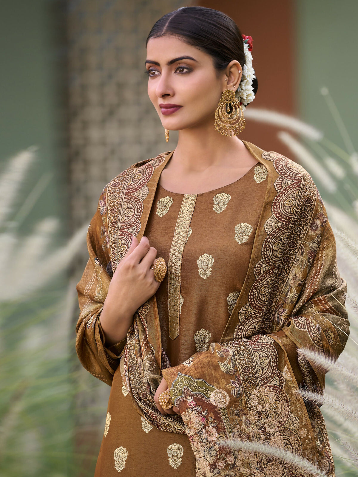 Jyoti Fashion Women's Brown Pure Silk Elegant Jacquard Woven Kurta with Trouser & Dupatta | Grocsy
