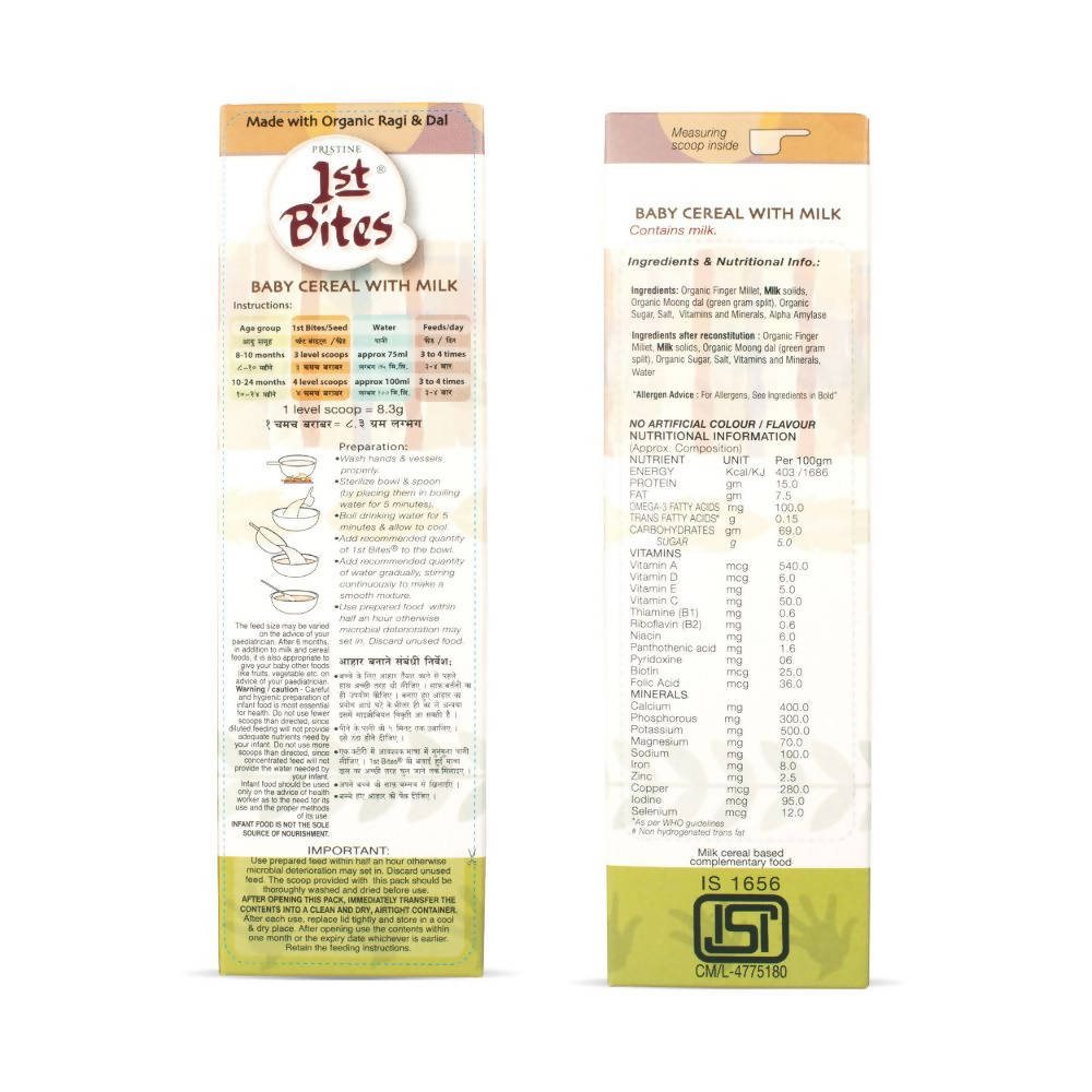 Pristine 1st Bites Baby Cereal Stage-2 Organic Ragi & Dal | Grocsy