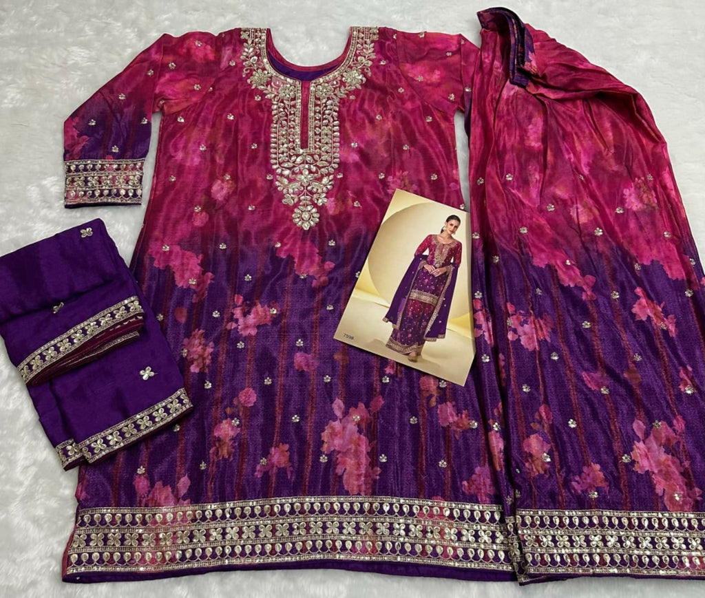 Anaita Purple Chinon Silk Readymade Suit with Sequence Work | Grocsy