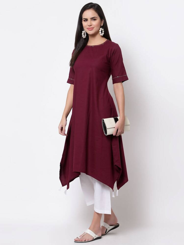 Myshka Women's Pure Cotton 3/4 Sleeve Round Neck Casual Maroon Dress | Grocsy