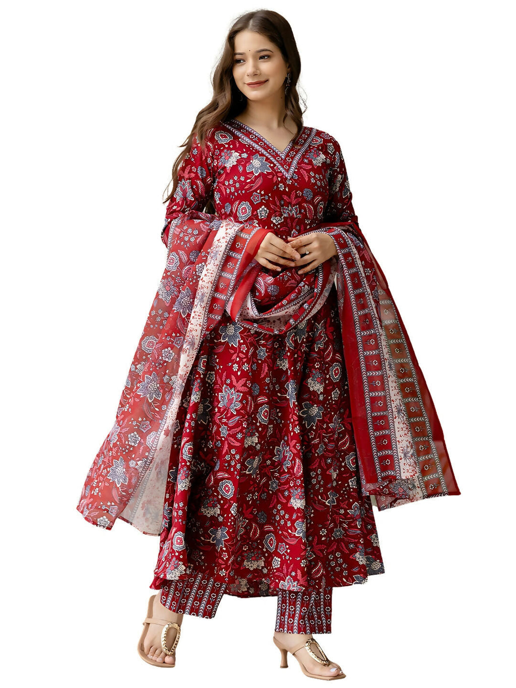 The52 Maroon Women's Gorgeous Rayon Fabric Printed Work Flared Kurta, Pant and Dupatta Set | Grocsy
