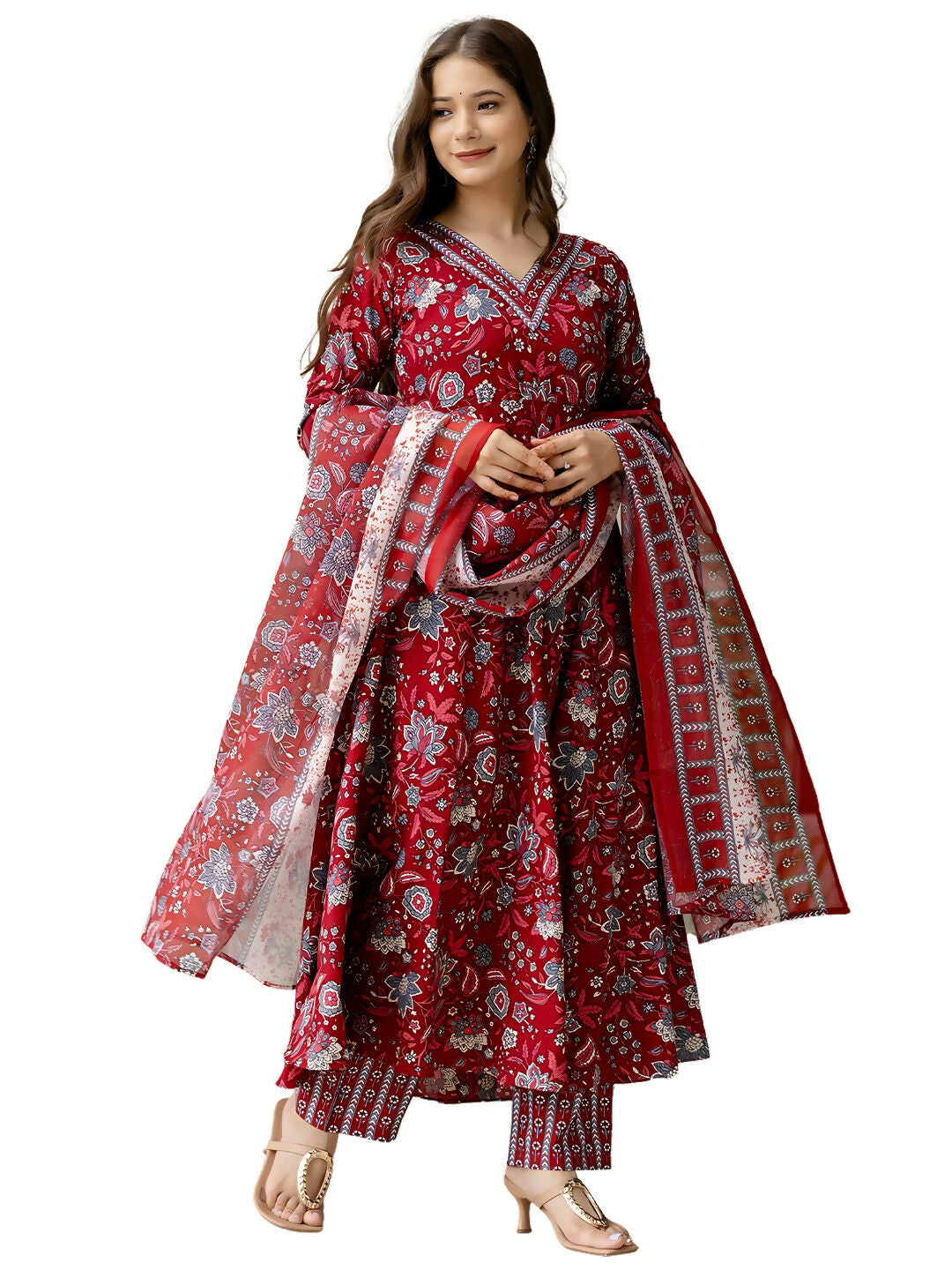 The52 Maroon Women's Gorgeous Rayon Fabric Printed Work Flared Kurta, Pant and Dupatta Set | Grocsy