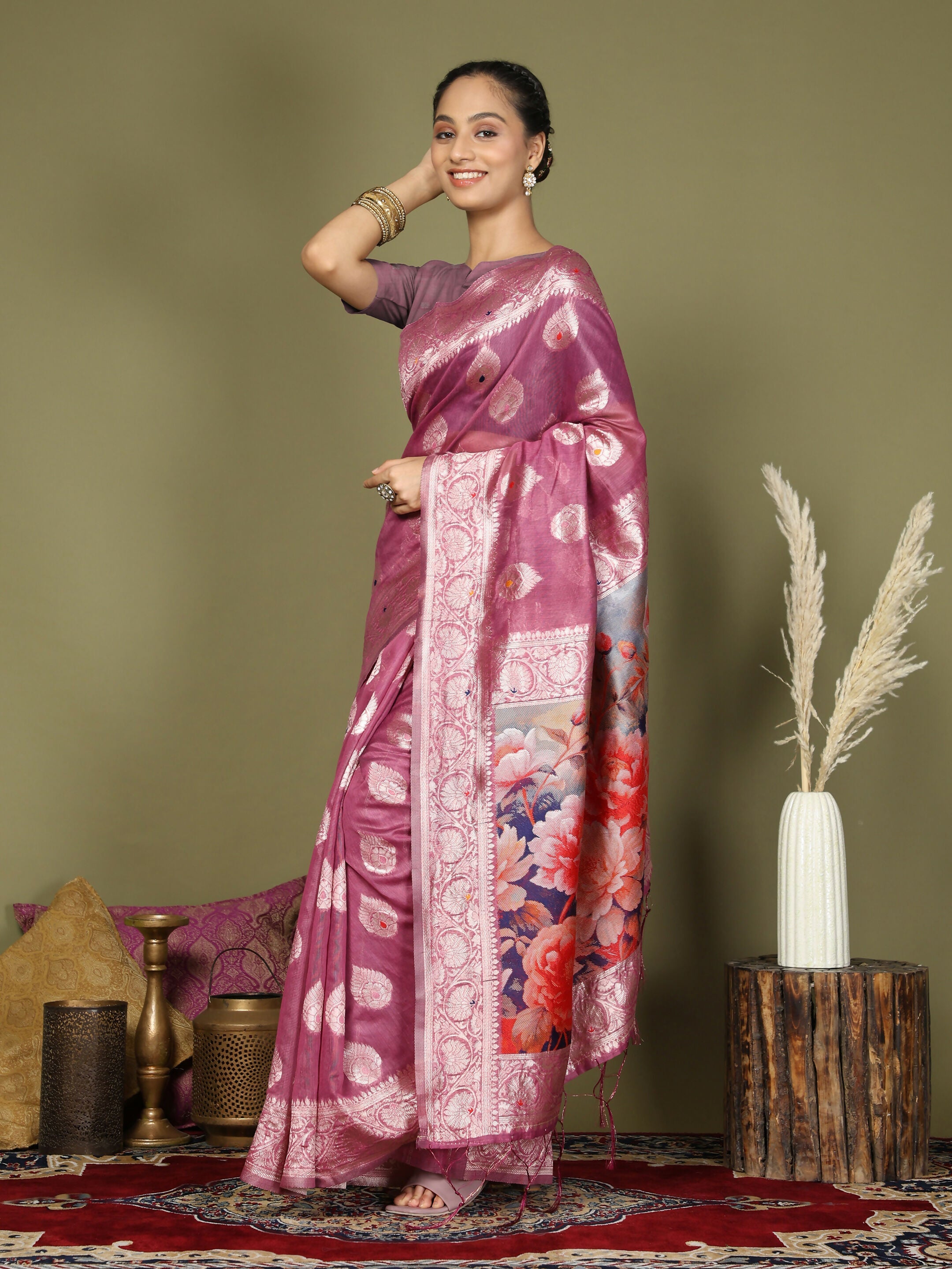 Shree Shyam Fashion Linen Cotton Pink Saree | Grocsy