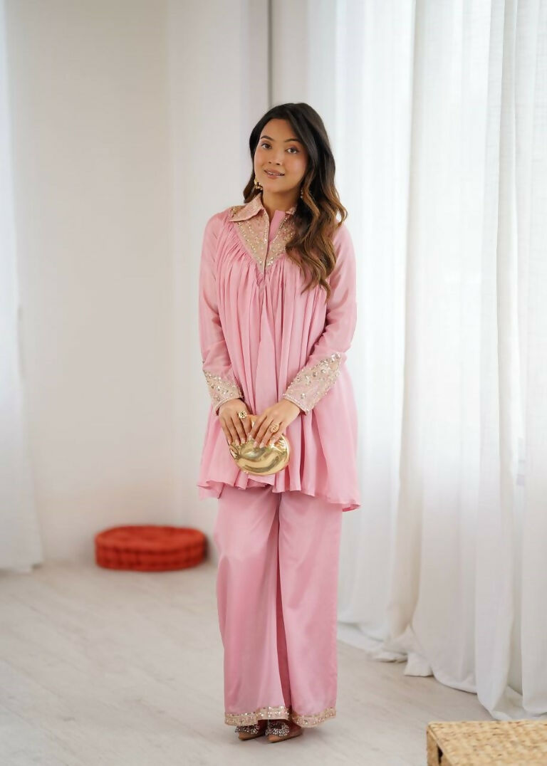 Teeya Creation Baby Pink Heavy Chinnon Silk Embroidery Work Plazo pair | Grocsy