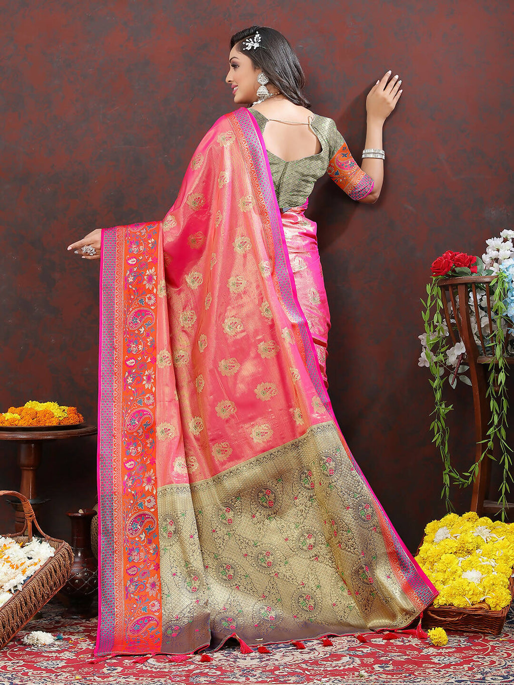 Lorenvalley Fashion Pink Kanjivaram Silk Woven Design with Zari Weaving Saree | Grocsy