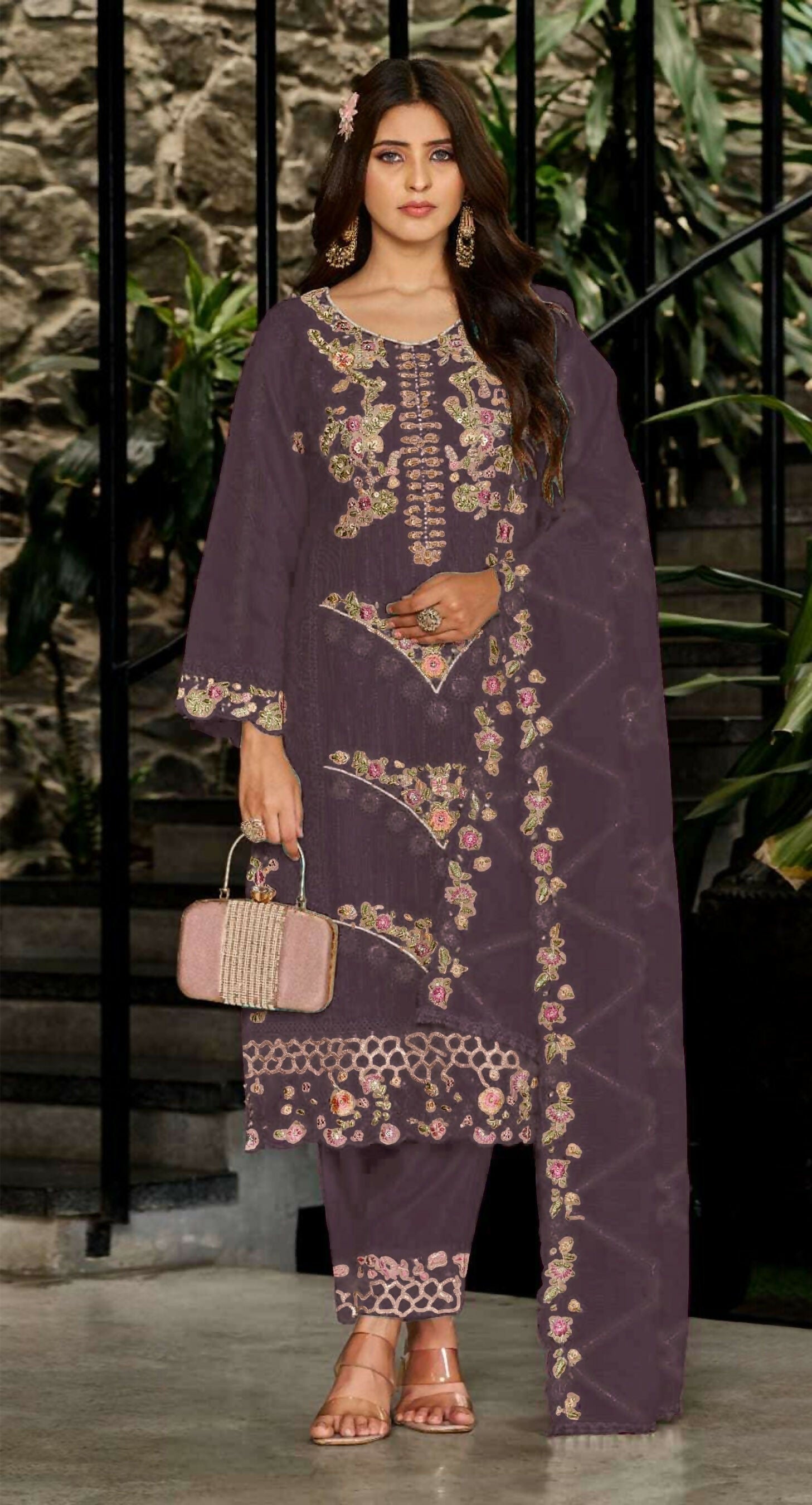 Anaita Purple Fox Georgette Stitched Suit with Embroidery Sequins & Khatli Work | Grocsy