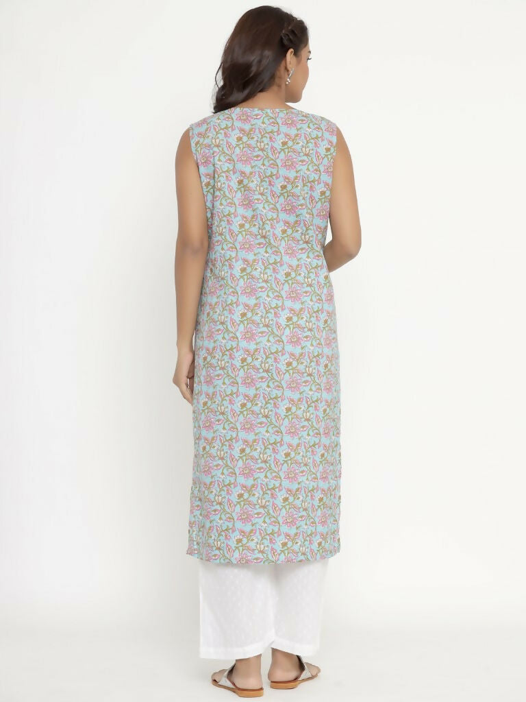 Miravan Women's Pure Cotton Floral Printed Sleeveless Straight Kurta | Grocsy
