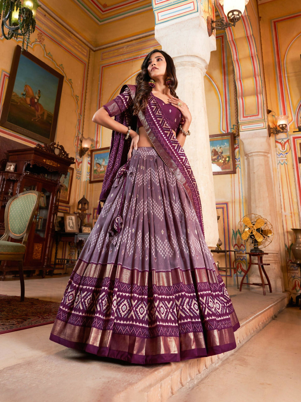 Vastranavya Occasionaly Tussar Silk Dot And Ikkat Print With Foil Work Lehenga Choli - Wine | Grocsy