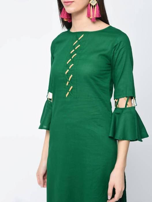 Aniyah Cotton Criss Cross Bell Sleeves Straight Thick Green Kurta (AN-101K) | Grocsy