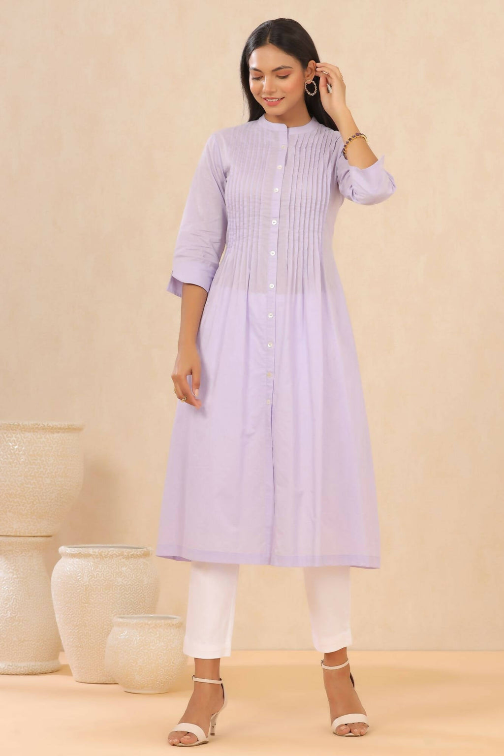 Juniper Women Lilac Cambric Solid A-Line Kurta | Grocsy