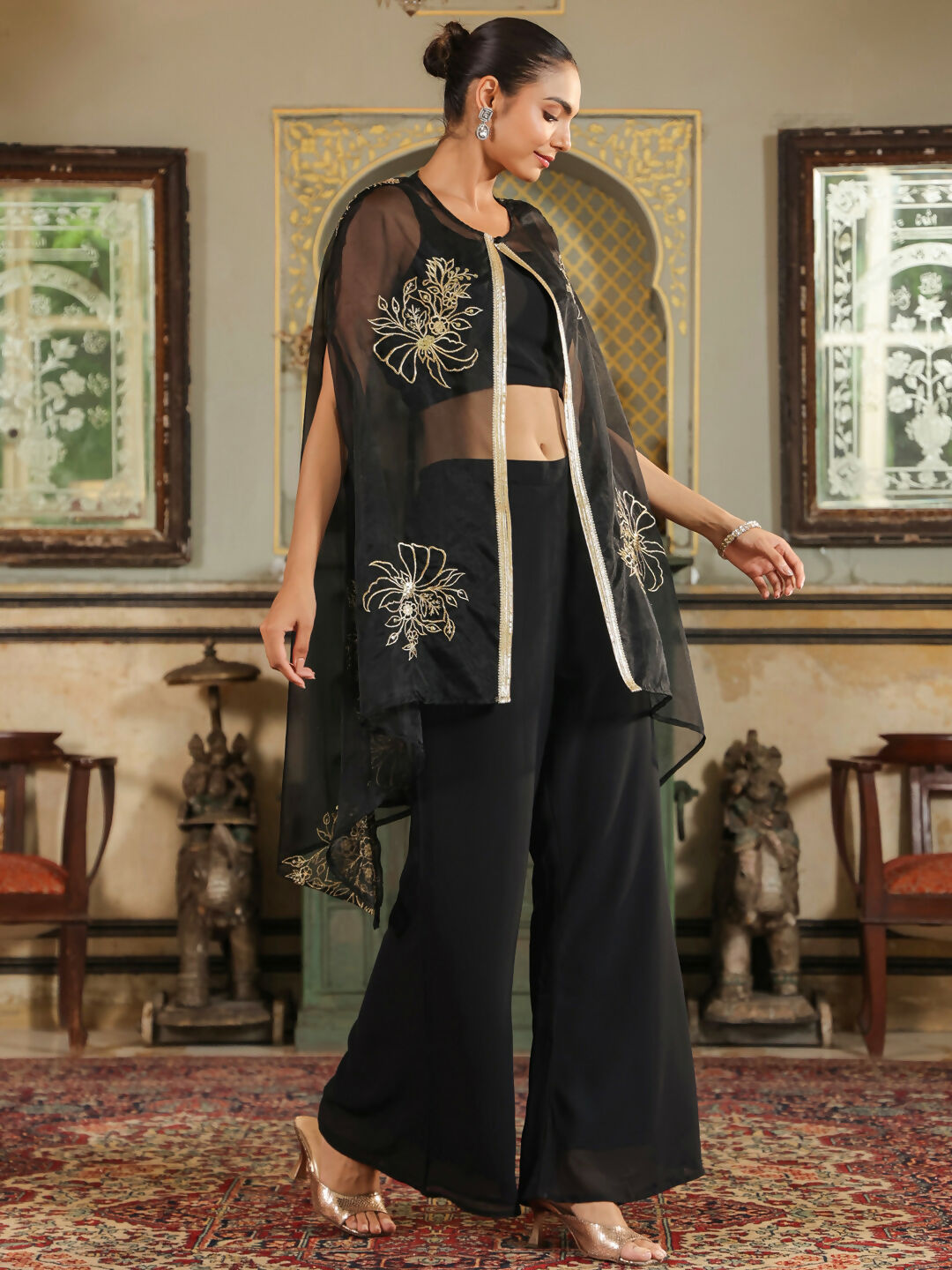 Janasya Black Georgette Solid Top Bottom Cape | Grocsy
