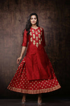 Juniper Women Maroon Chanderi Silk Embroidered & Printed Layered Dress | Grocsy