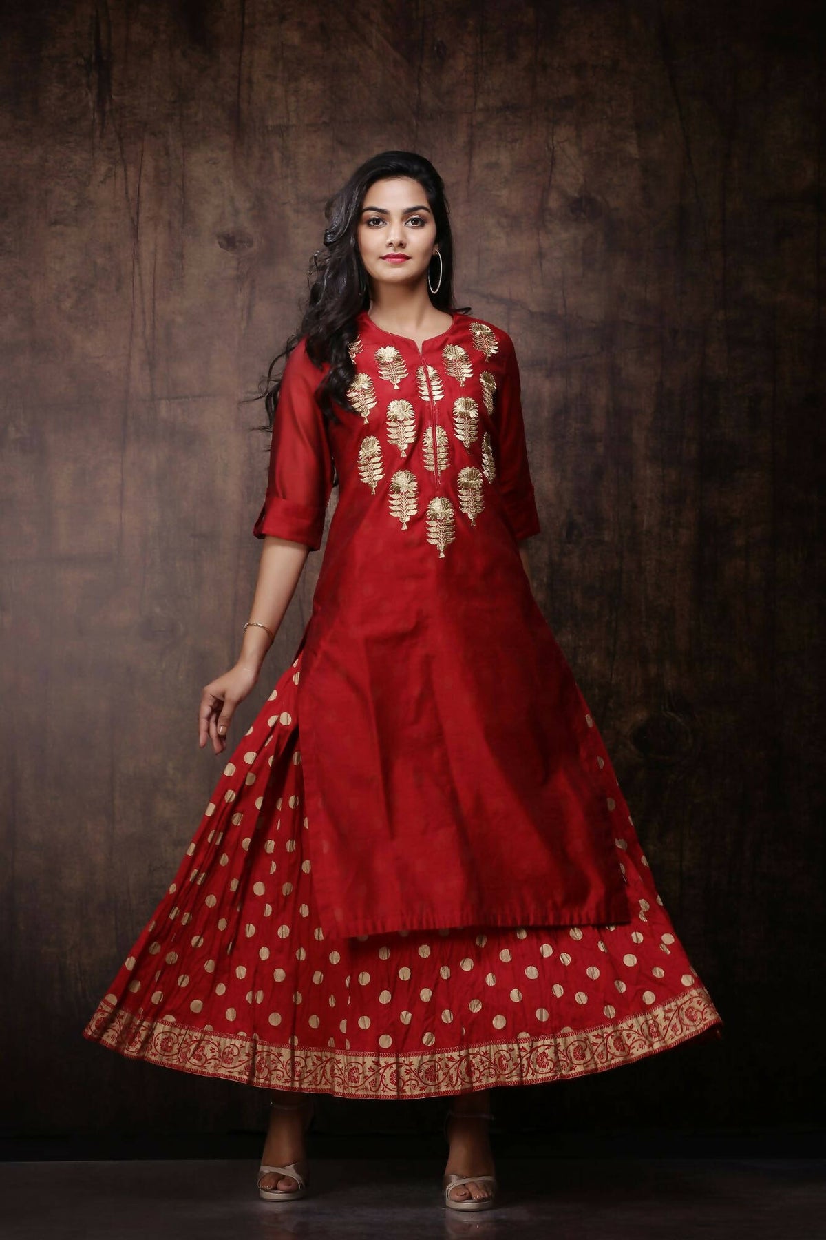 Juniper Women Maroon Chanderi Silk Embroidered & Printed Layered Dress | Grocsy