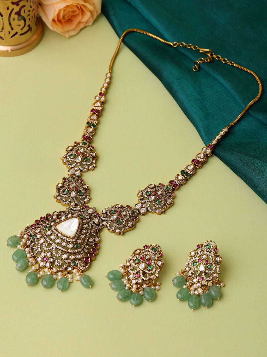 Ruby Raang 22k Gold Polished Long Kundan Heavy Maharani Necklace With Earrings | Grocsy