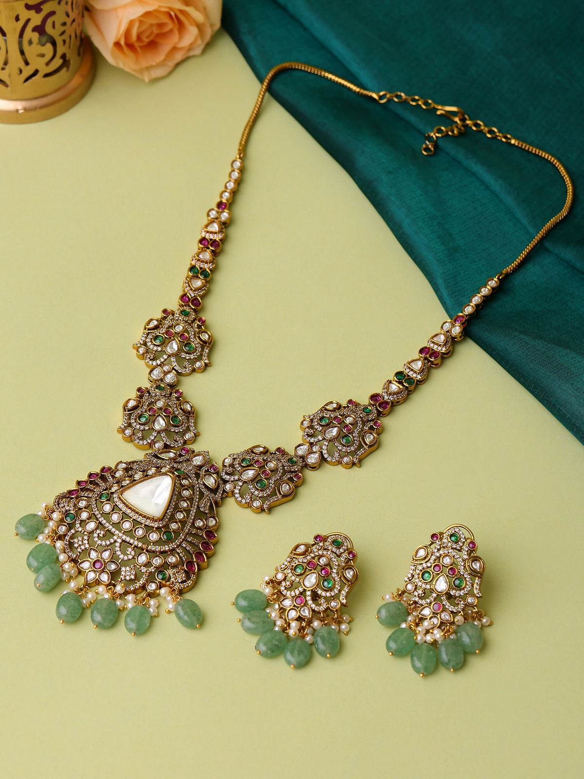 Ruby Raang 22k Gold Polished Long Kundan Heavy Maharani Necklace With Earrings | Grocsy