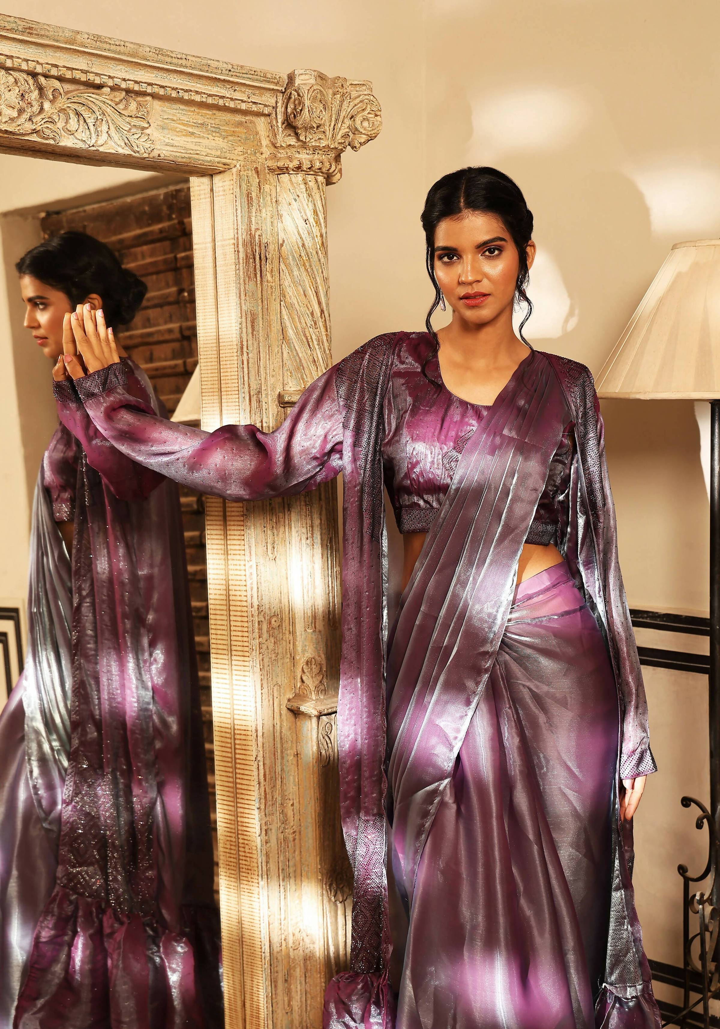 Lavender Tom Silk Plain Ready To Wear Saree With Stitched Blouse - Satiksha | Grocsy