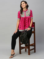 Pink & Black Pure Cotton Printed A-Line Top - Bosky | Grocsy
