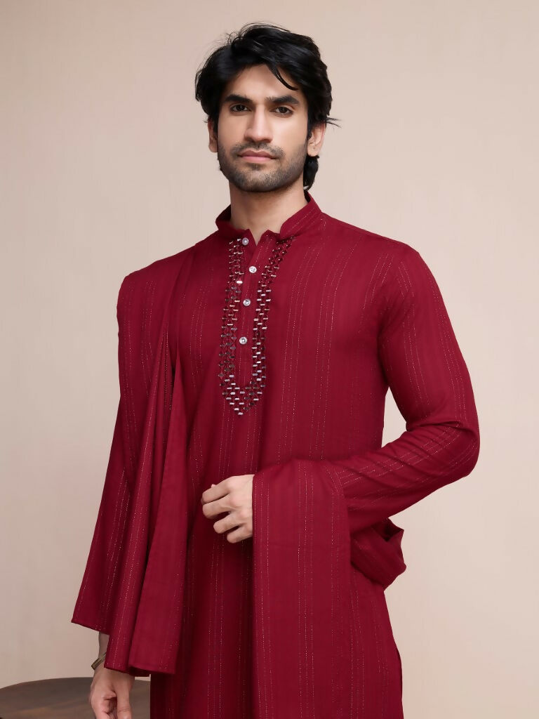 Vastranavya Traditional Festival Wear Viscose Thread & Sequence Embroidered Work Kurta Pant Set - Maroon | Grocsy