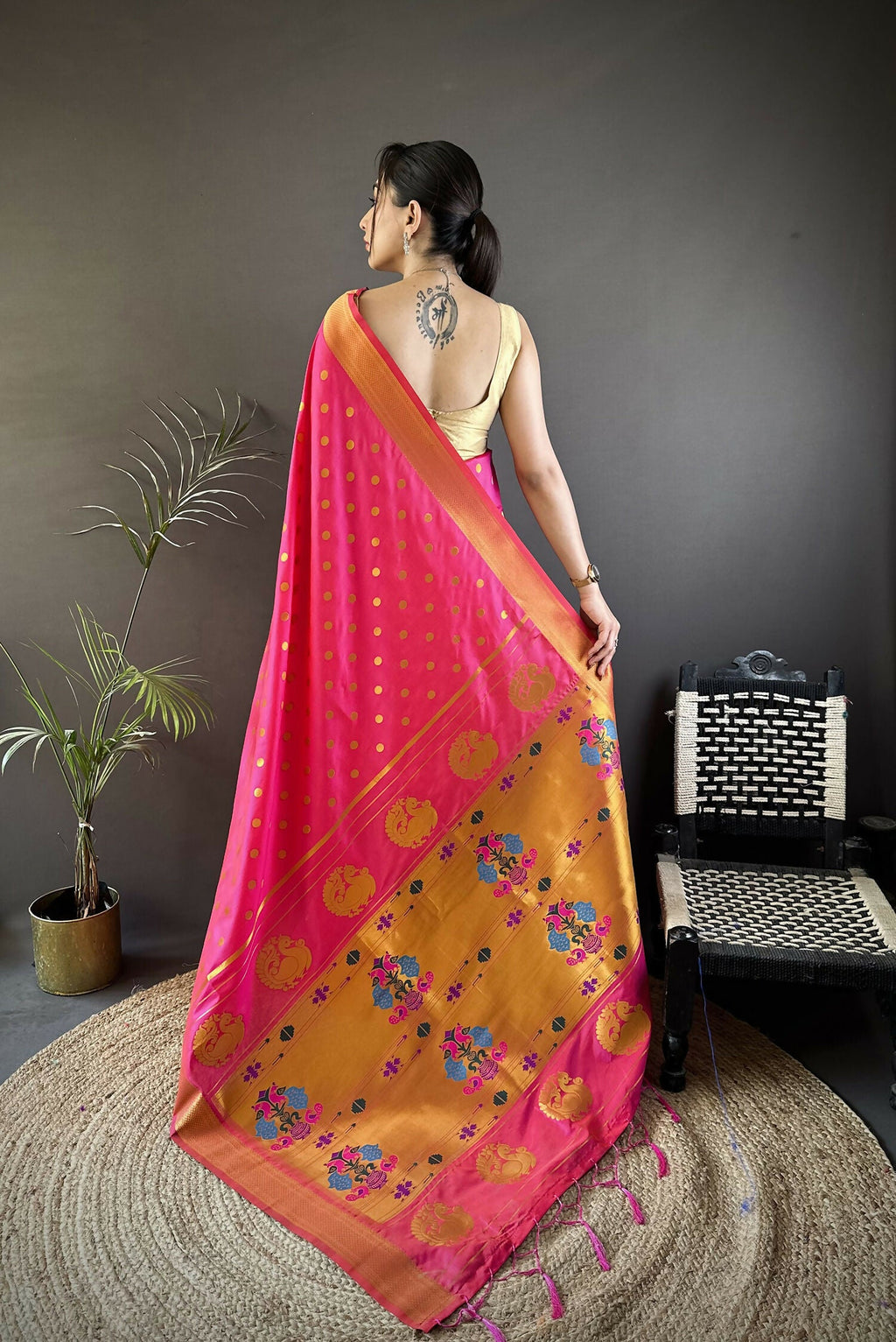 Joban Fashion Hot Pink Polka Dot Lichi Silk Paithani Silk Saree | Grocsy