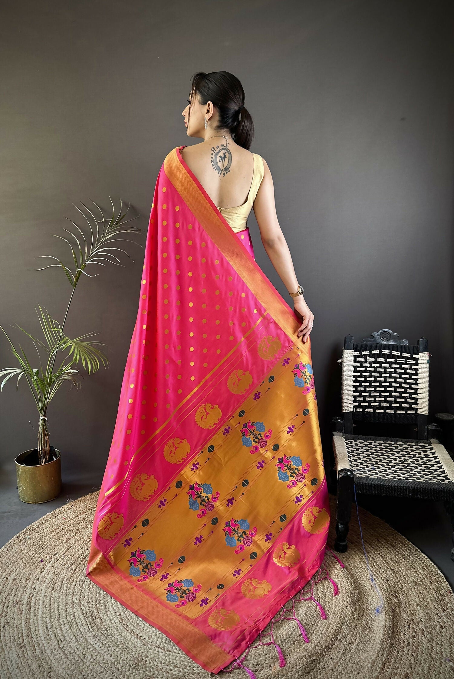 Joban Fashion Hot Pink Polka Dot Lichi Silk Paithani Silk Saree | Grocsy