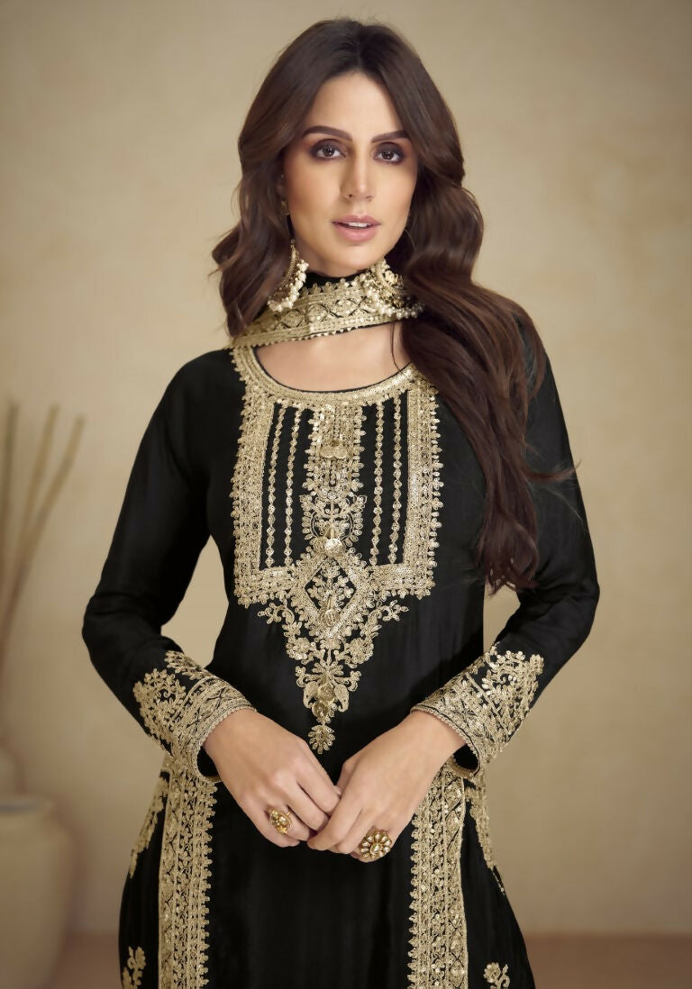 Vastranavya Gorgeous Black Faux Georgette with Embroidery 3mm Sequence & Coding Work Pakistani Straight Pant Suit | Grocsy