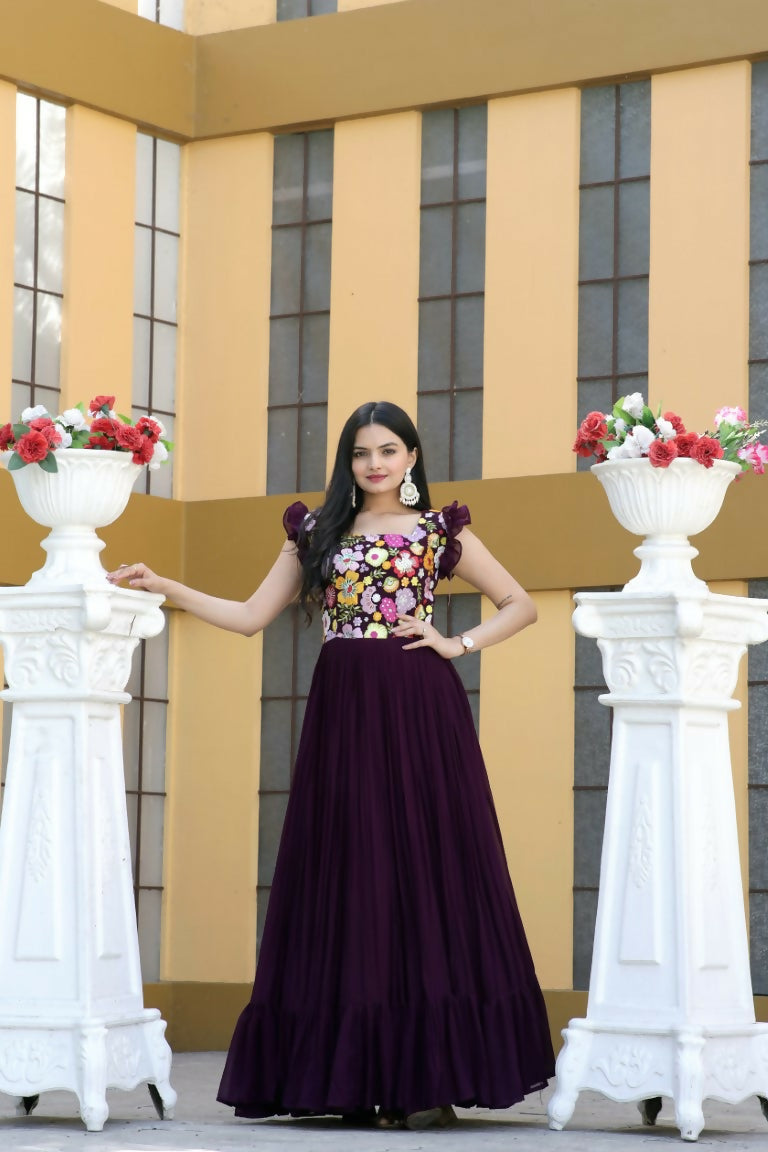 Jyoti Fashion Women's Wine Sequins Thread Embroidery Faux Blooming Anarkali Dress | Grocsy