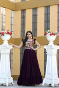 Jyoti Fashion Women's Wine Sequins Thread Embroidery Faux Blooming Anarkali Dress | Grocsy