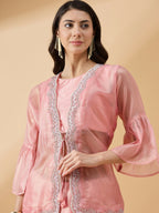 Peach Chiffon Solid Saree with Stitched Blouse & Stone Work Shrug - Dharavi | Grocsy