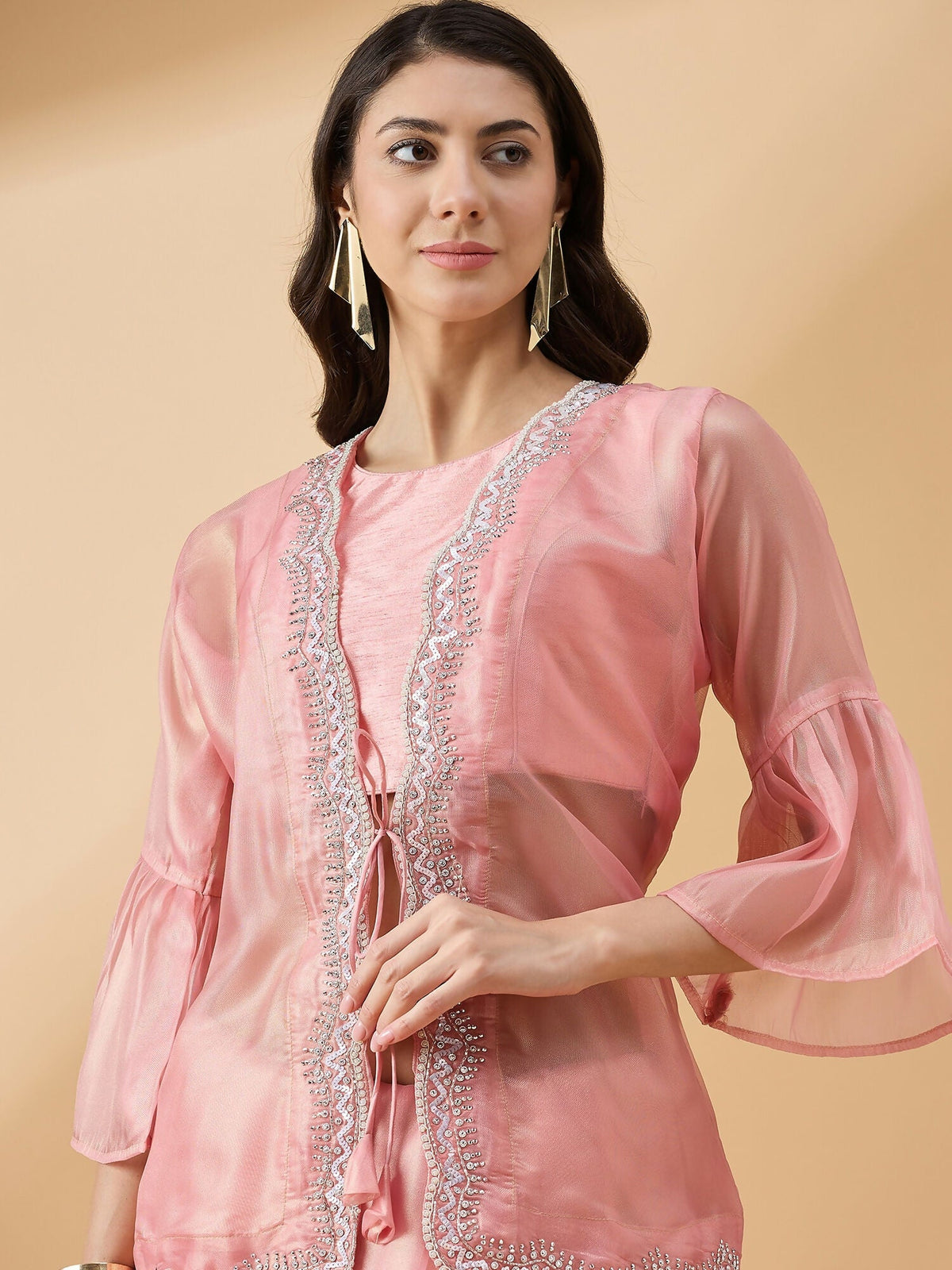 Peach Chiffon Solid Saree with Stitched Blouse & Stone Work Shrug - Dharavi | Grocsy