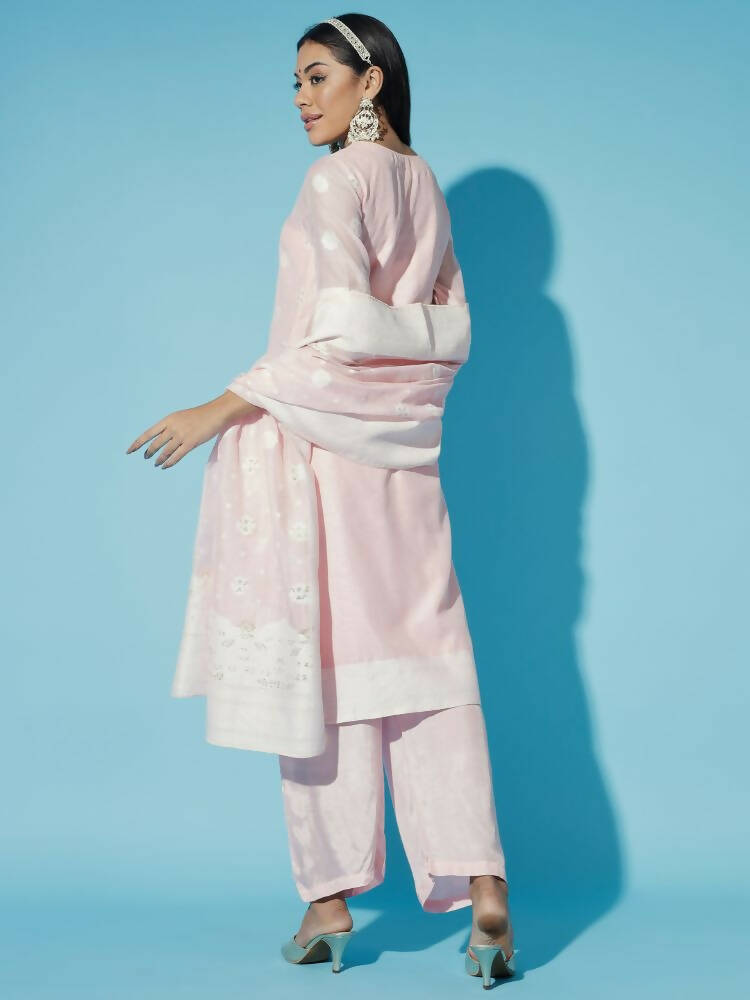 Myshka Women Pink Embroidered Kurta & Trousers With Dupatta | Grocsy