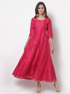 Myshka Women's Pink Silk Solid 3/4 Sleeve Round Neck Casual Anarkali Gown | Grocsy