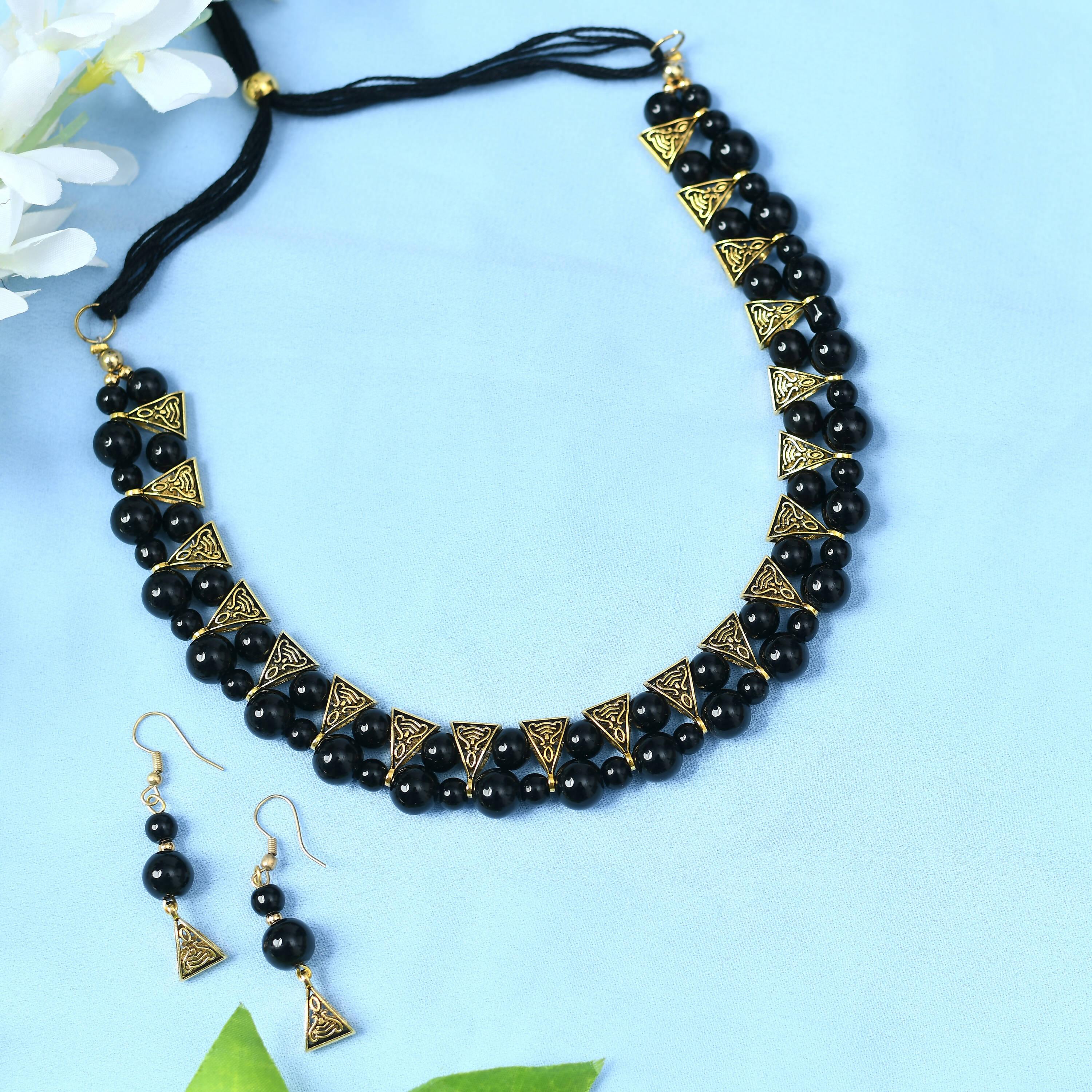 Mominos Fashion Johar Kamal Gold-Polished Brass Finish Pearls Work Choker For Women (Black) | Grocsy