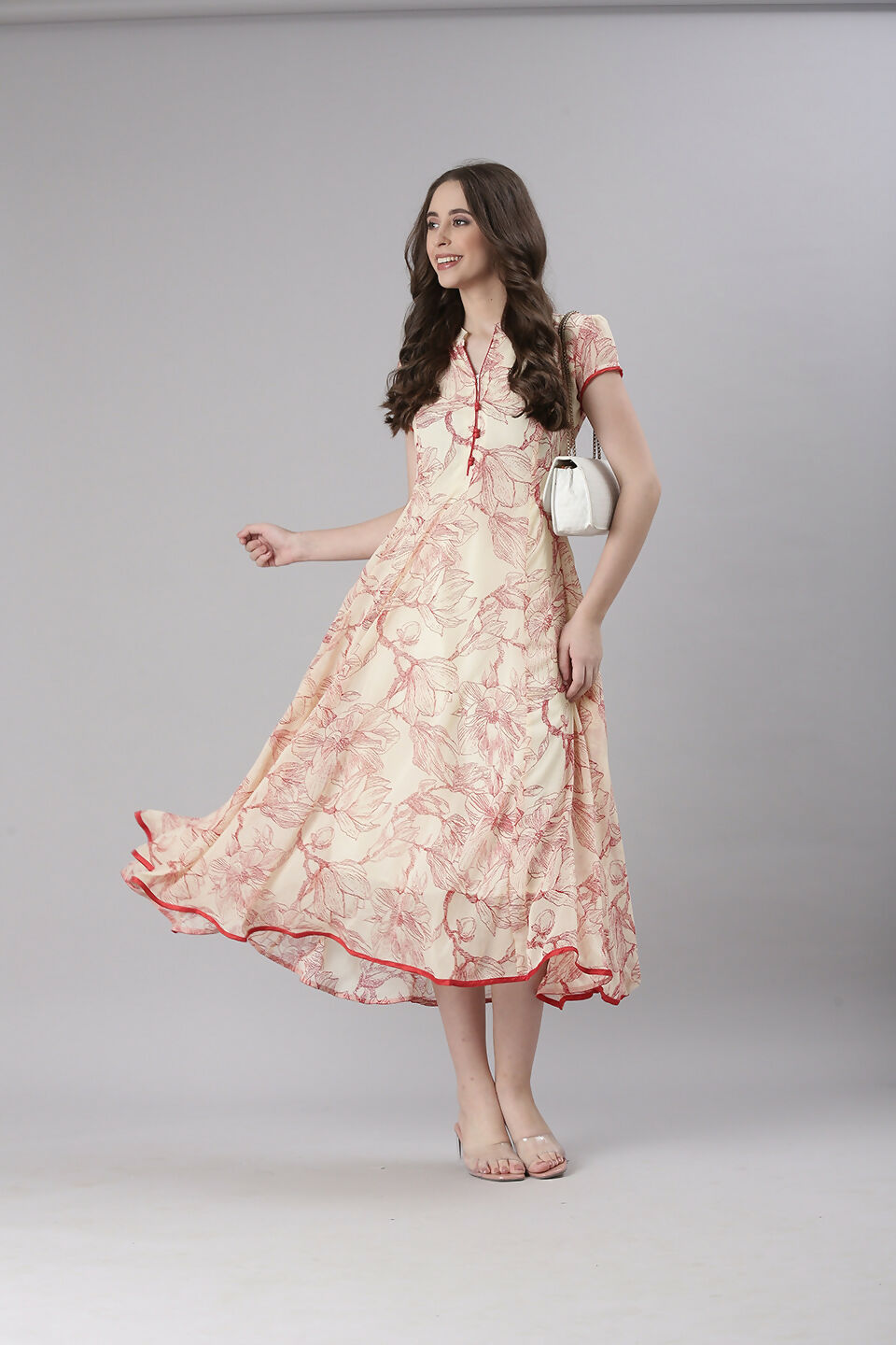 Souchii Floral Tiered Midi Dress For Women – Elegant Beige Button-Front A-Line | Grocsy