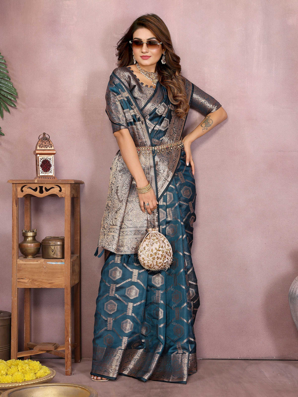 Aastha Fashion Teal Soft Organza Silk Weaving Saree | Grocsy