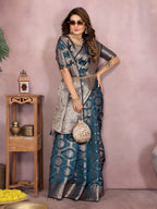 Aastha Fashion Teal Soft Organza Silk Weaving Saree | Grocsy