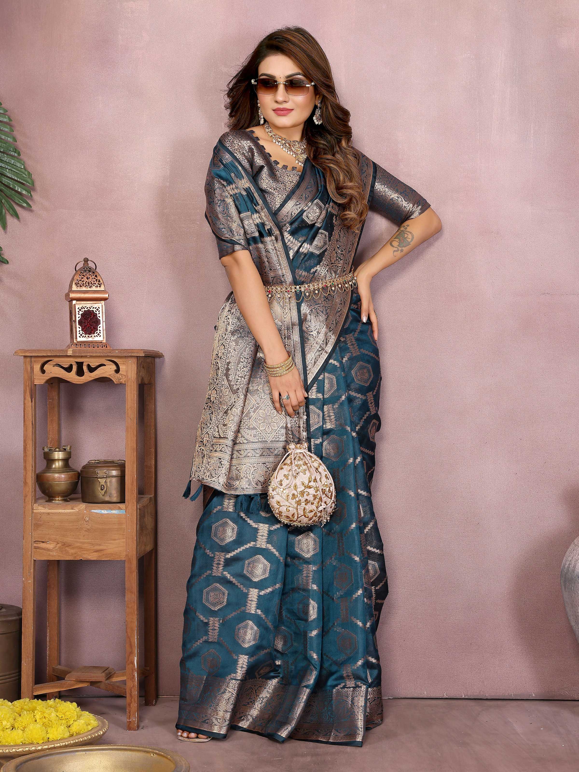Aastha Fashion Teal Soft Organza Silk Weaving Saree | Grocsy